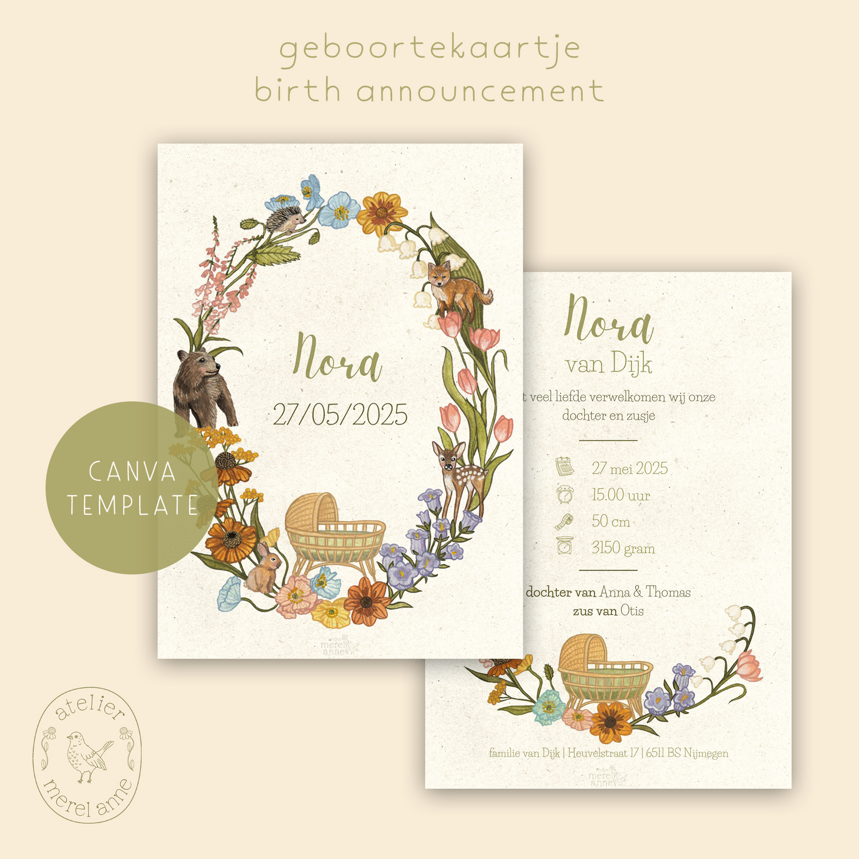 Geboortekaartje | aanpasbaar sjabloon | Canva template