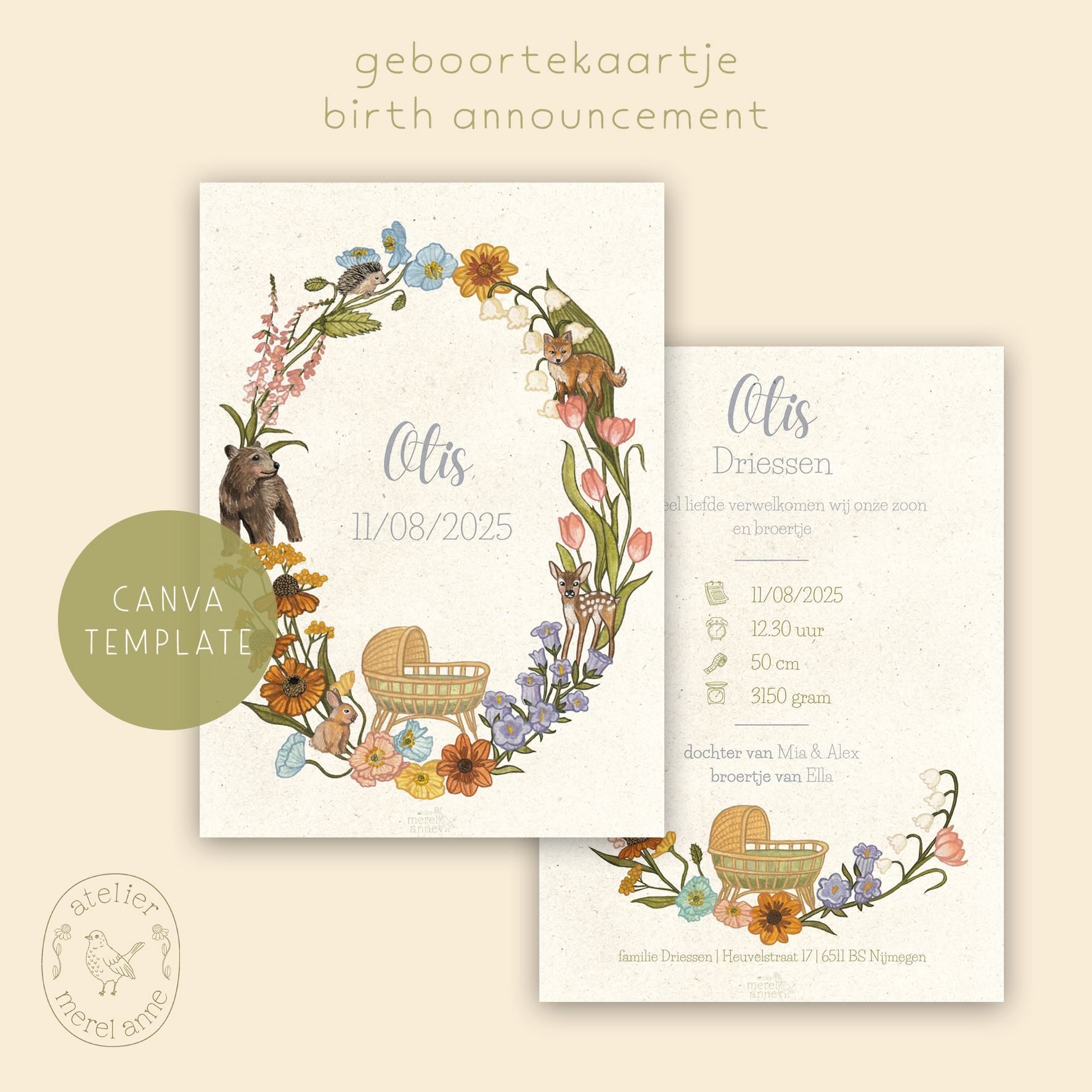 Geboortekaartje | aanpasbaar sjabloon | Canva template - Afbeelding 4